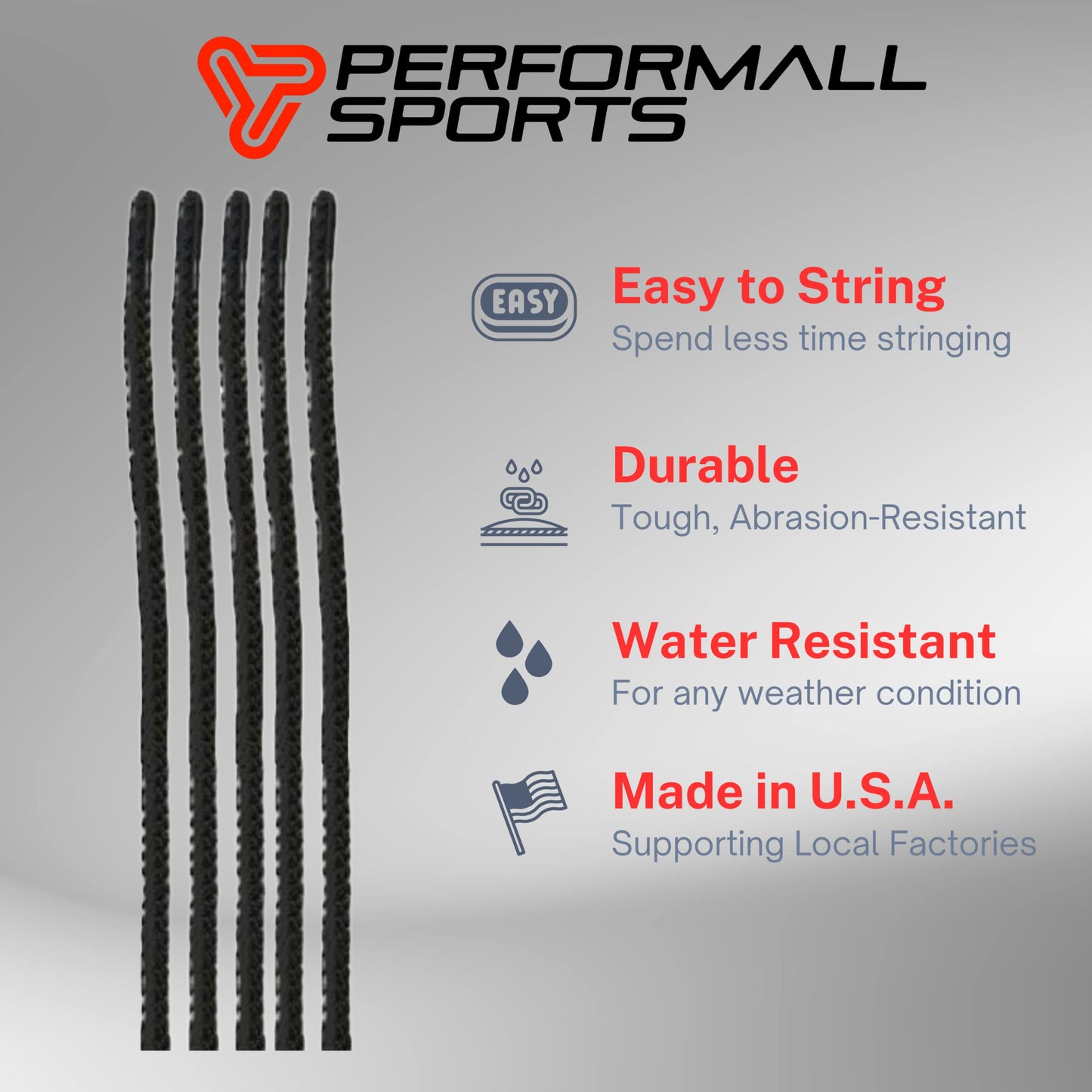 Performall Dyna Lacrosse Mesh Full Stringing Kit Black: 5 Sidewalls, 3 Shooting Strings & 2 Shooting Cords