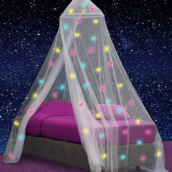 Canopy for Girls Bed with Pre-Glued Glow in The Dark Unicorns - Princess Mosquito Net Room Decor - Kids & Baby Bedroom Tent with Galaxy Lights - 1 Opening Canopy Bed & Hanging Kit Included