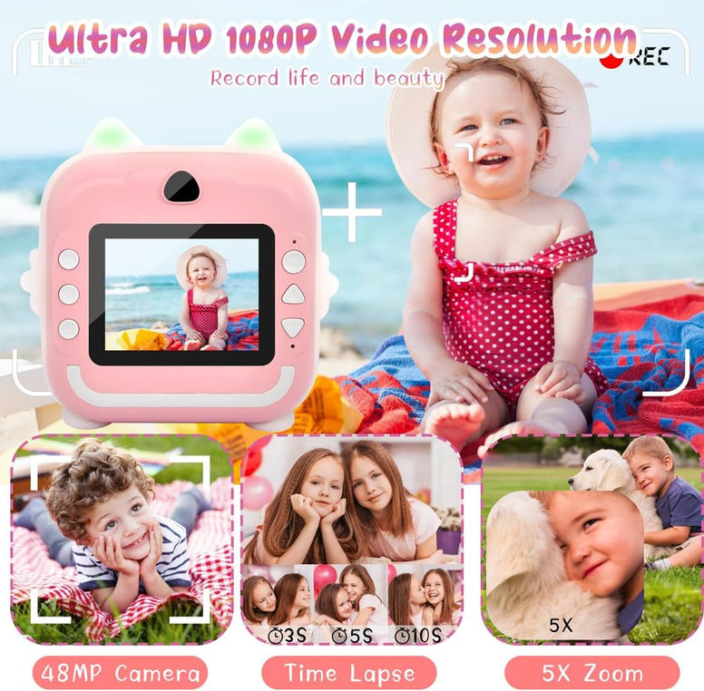 Beauenty Kids Camera Instant Print Toddler Digital Camera with 1080P HD Video Camera, 48MP Camera with Phone Connected 32GB Card, Pink