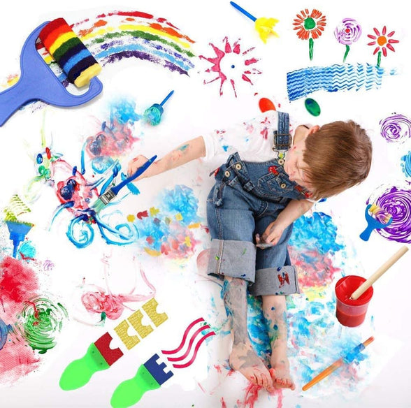 Mumoo Bear Kids Early Learning Sponge Painting Brushes Kit, 42 Pieces Sponge Drawing Shapes Paint Craft Brushes For Toddlers Assorted Pattern, Including Children Waterproof Art Painting Smock Apron