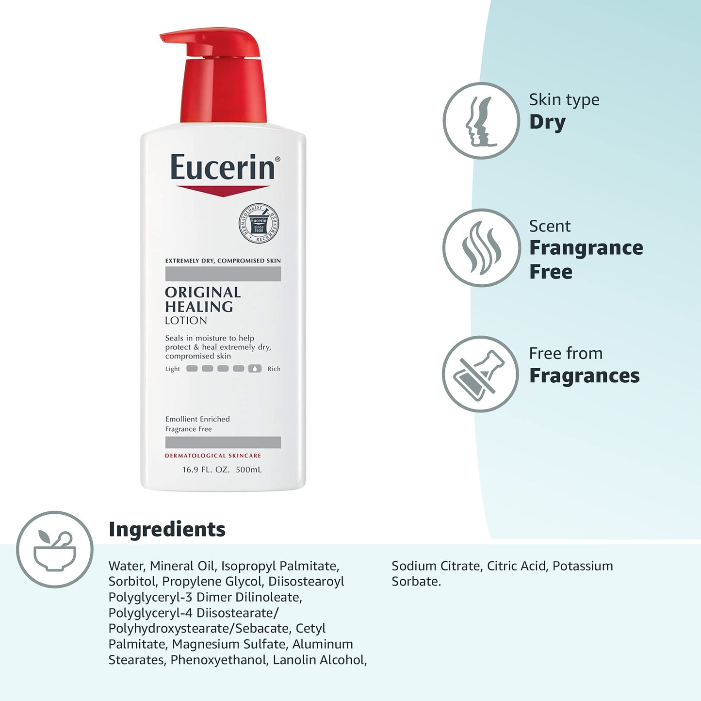 Eucerin Original Healing Rich Body Lotion, Body Lotion for Dry Skin, 16.9 Fl Oz Pump Bottle