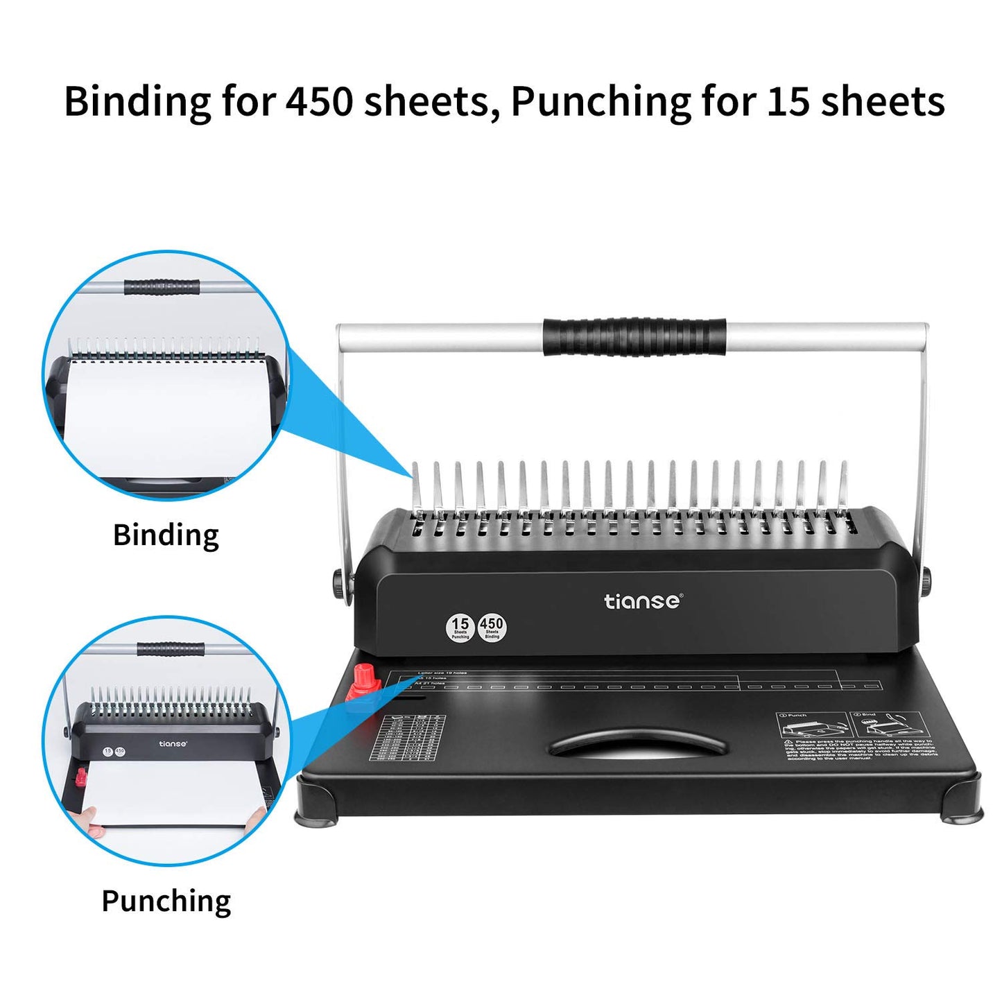 TIANSE Binding Machines, 21-Holes, 450 Sheets, Comb Bind Machine Book Maker with 100 PCS 3/8'' Comb Binder Spines Starter Kit, Comb Binding Machine for Letter Size, A4, A5 or Smaller Sizes