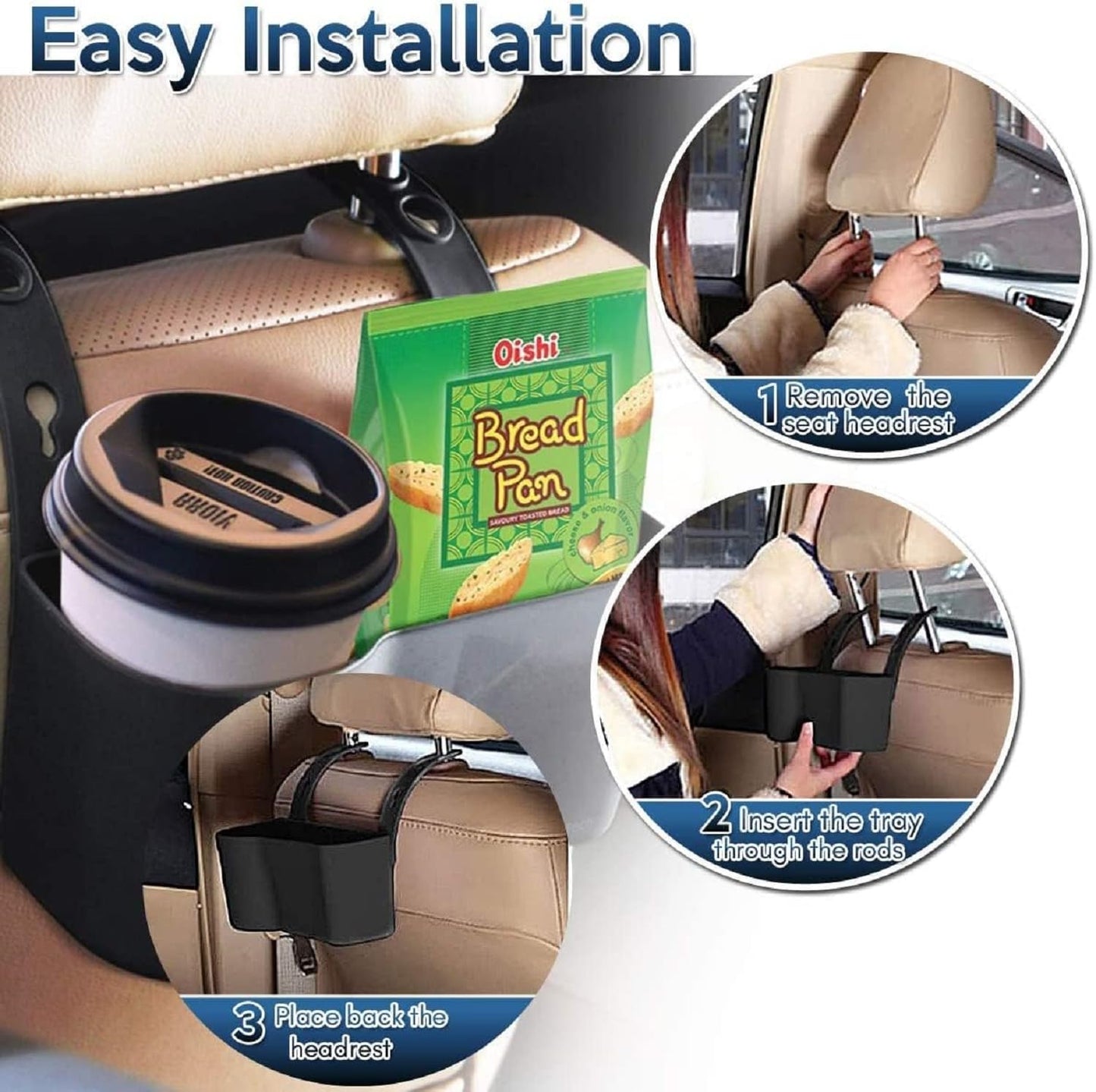 Womdee Car Cup Holder Organizer, Womdee Seat Back Headrest Organizer Drink Pocket Food Tray Removal, Universal caddy tray Portable Car Drink Storage Box Coffee Holder (Black)