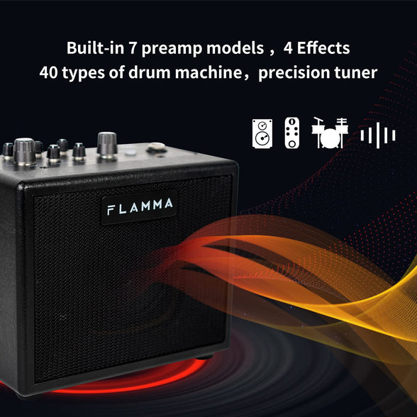 FLAMMA FA05 Guitar Amp Electric Guitar Amplifier Digital Combo Amp Bluetooth Mini Portable with 7 Preamp Models 40 Drum Machine AUX IN Support MP3 Format 5 Watt