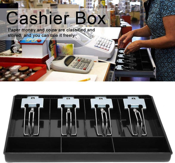 Cash Register Drawer 4 Bill 5 Coin, Cash Drawer Register Insert Tray Replacement Cashier Four Box with Metal Clip, Perfect for Point of Sale Small Business(Black)