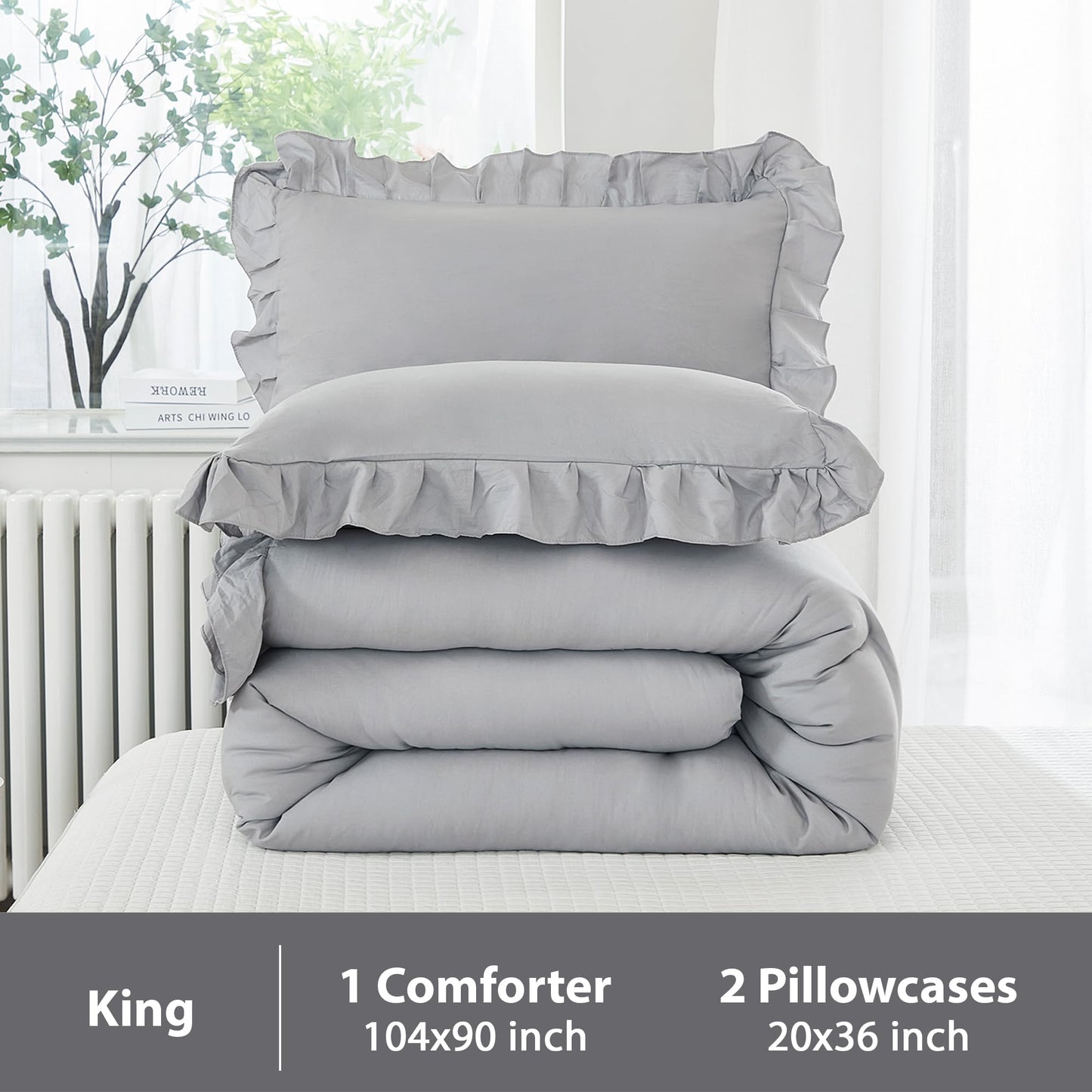 Andency Silver Gray Comforter Set King, 3 Pieces Farmhouse Shabby Chic Ruffle Comforter, Lightweight Fluffy Soft Microfiber All Season Solid Bed Comforter Set (1 Ruffle Comforter & 2 Pillowcases)