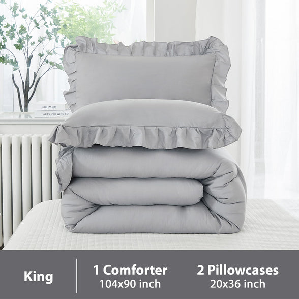 Andency Silver Gray Comforter Set King, 3 Pieces Farmhouse Shabby Chic Ruffle Comforter, Lightweight Fluffy Soft Microfiber All Season Solid Bed Comforter Set (1 Ruffle Comforter & 2 Pillowcases)