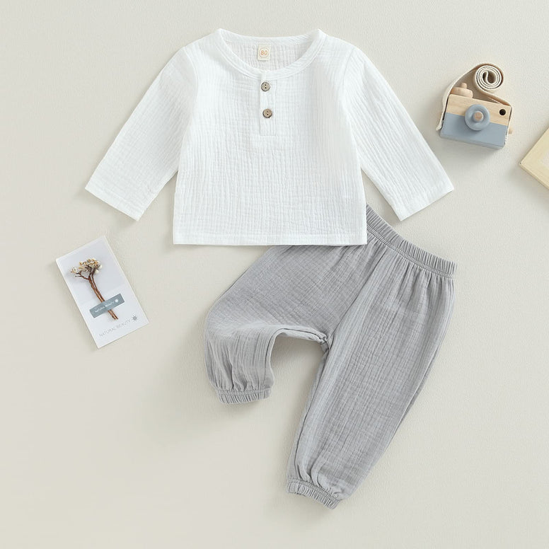 Baby Boy Girl Clothes Toddler Cotton Linen Outfit Muslin Long Sleeve T-Shirt Tops Pants Set 6-12M