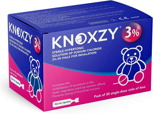 KNOXZY Hypertonic Saline Inhalation Solution 3%. Inhalation Solution for Adults & Children. Box Contains 30 Single dose vials of 4ml.