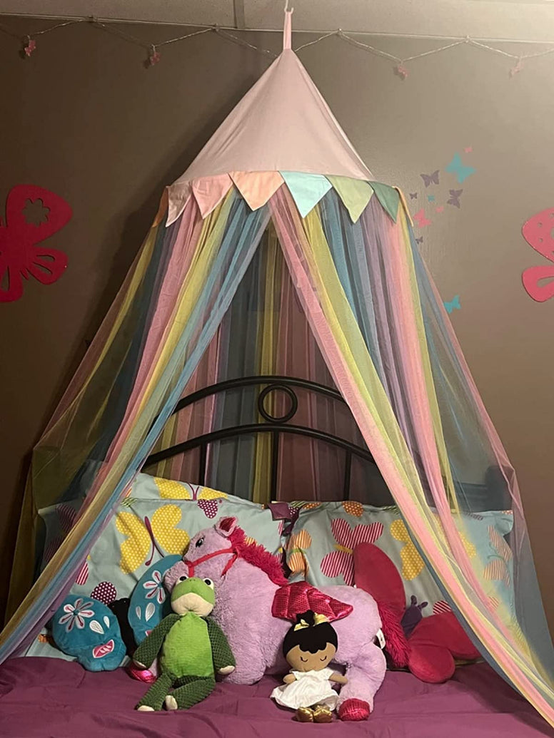 MOOZHEALTH Bed Canopy for Girls Kids Princess Round Dome Dreamy Hanging Net Canopy Rainbow Bright Bed Canopy for Girls Kids Bedroom Decoration Children Reading Nook Play Tent Canopy