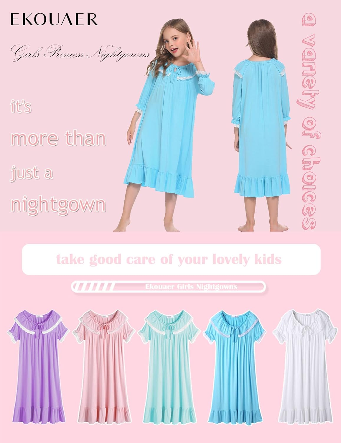 Ekouaer Girl's Soft Princess Nightgowns Sleep Shirt