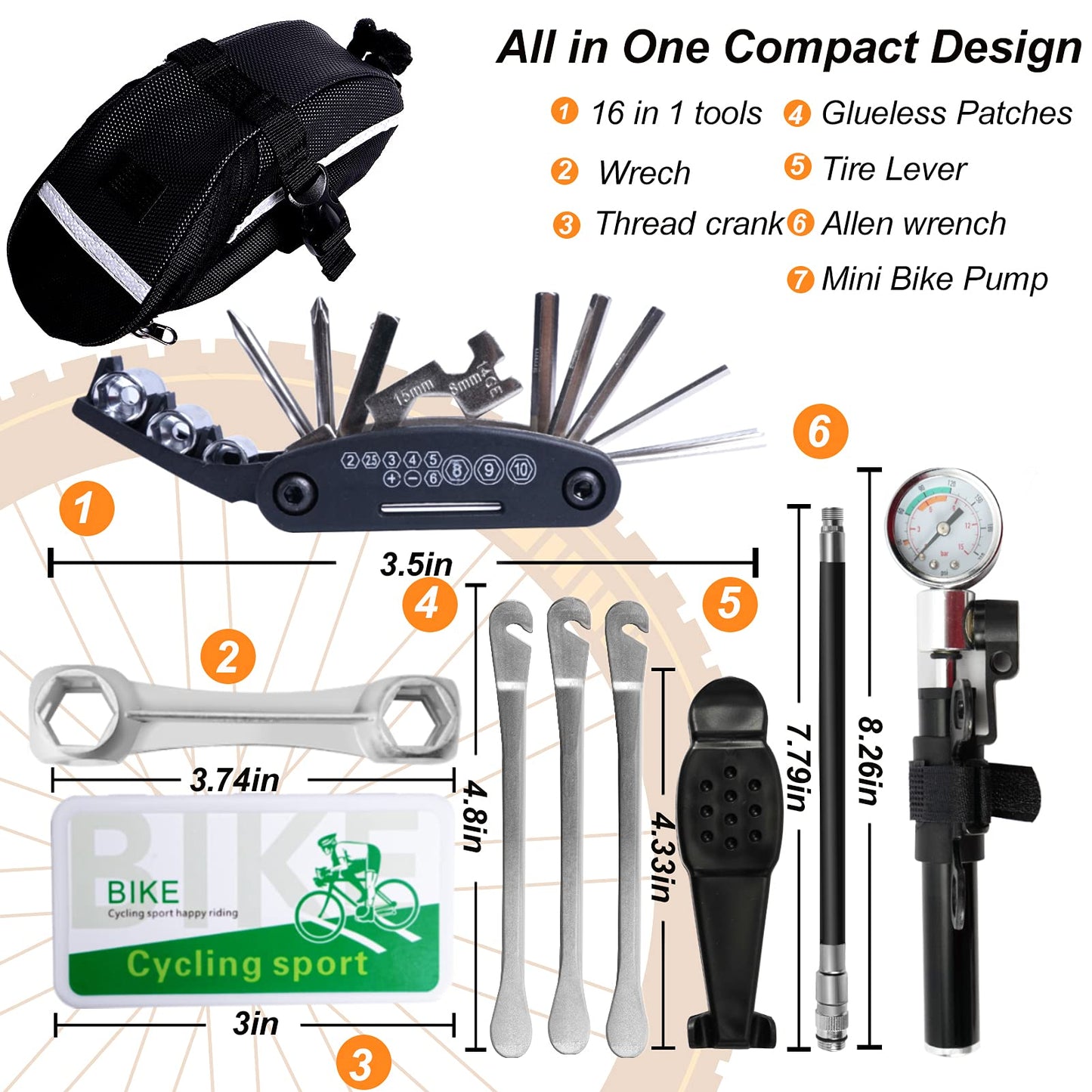 ORCISH 45PCS Bike Repair Kits,Bike Tire Repair Kit,Bicycle Tool kit with 210 Psi Mini Pump,16 IN 1 Multi-Function Tools,Bicycle emergency accessories with bag.