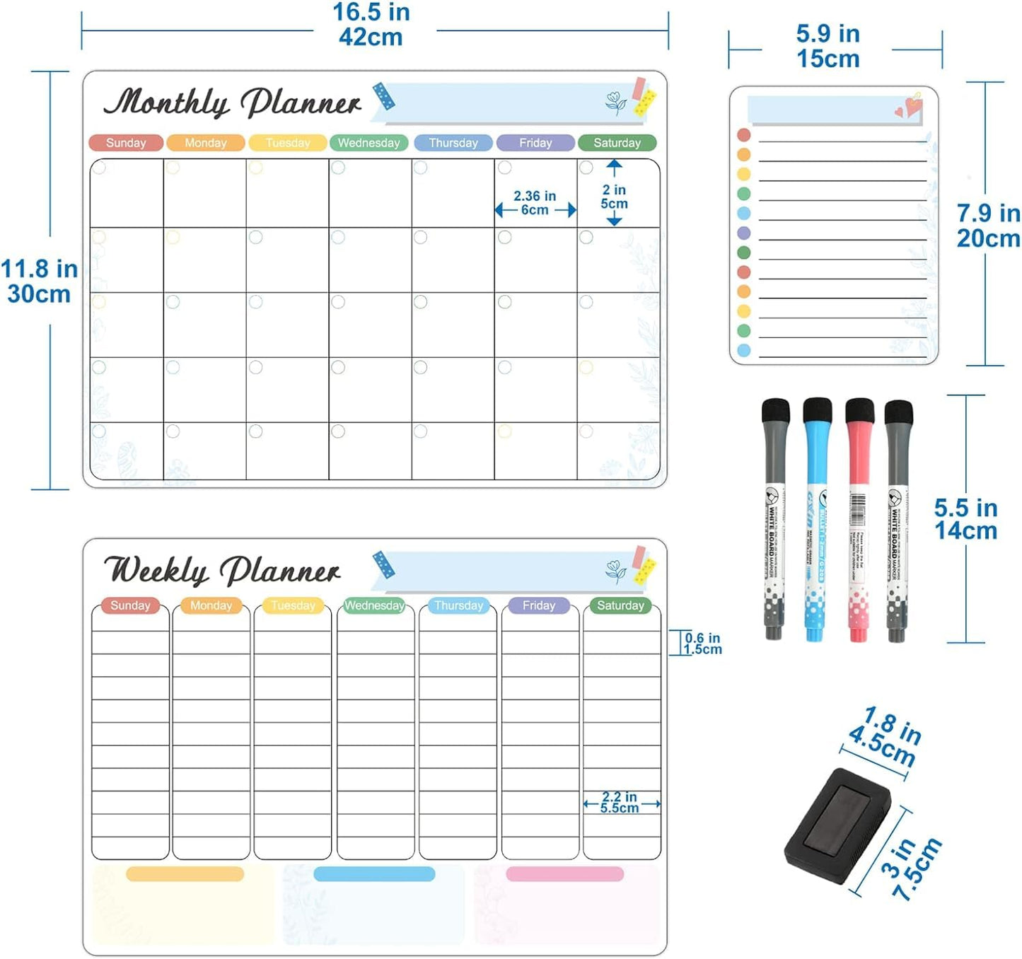 Magnetic White board Refrigerator Calendar set- Weekly and Monthly Planner, Wall, and Fridge Includes Shopping list & 4 markers