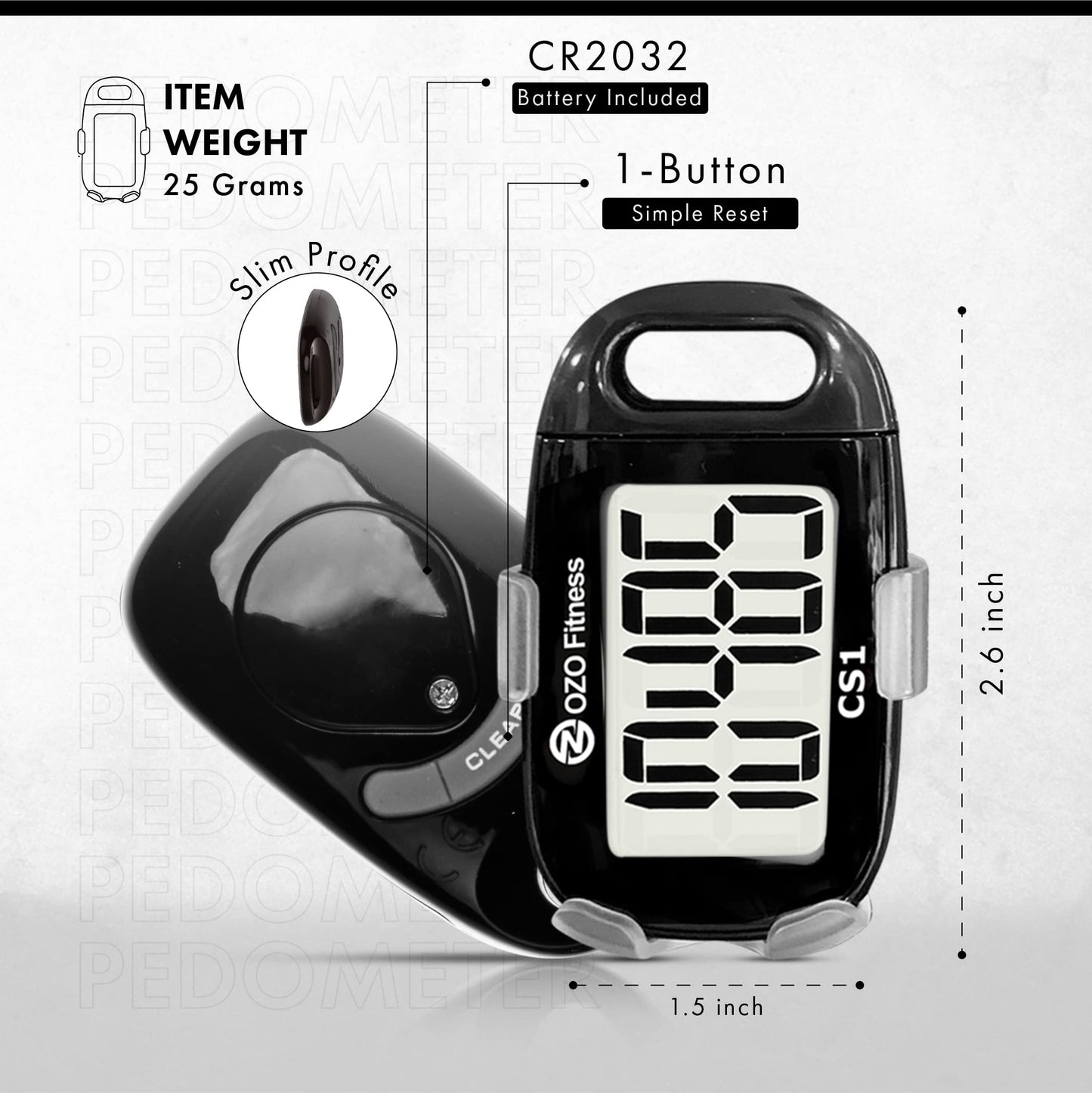 OZO Fitness CS1 Easy Pedometer for Walking | Step Counter with Large Display and Lanyard