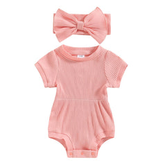 KtwHarnu Newborn Baby Girl Clothes Solid Ribbed Short Sleeve Romper Jumpsuit Bodysuit with Headband Summer Outfit(3-6 M)