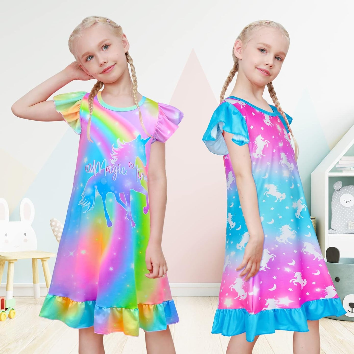 Fiodrimy Girls Nightgowns Unicorn Sleepwear Night Sleep Dress Pajamas Little Kids Toddler Soft Nightgown