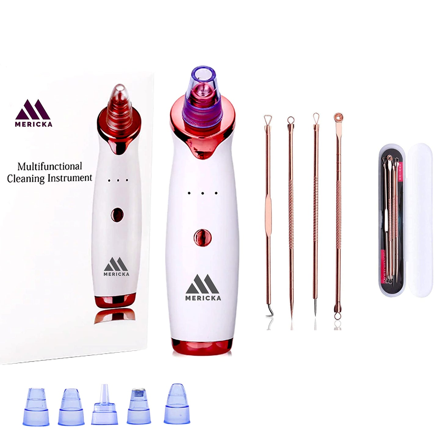 Mericka - Pack of one Professional Blackhead Remover Vacuum Suction Facial Pore Cleaner Acne Comedone Extractor Kit with 4 Suction Head with Blackhead Extraction kit for Men & Women