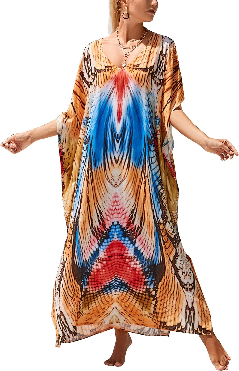 YouKD Maxi Dress V-Neck Kaftan Boho Robes Beach Cover-ups Dress Roomy Gowns for Women