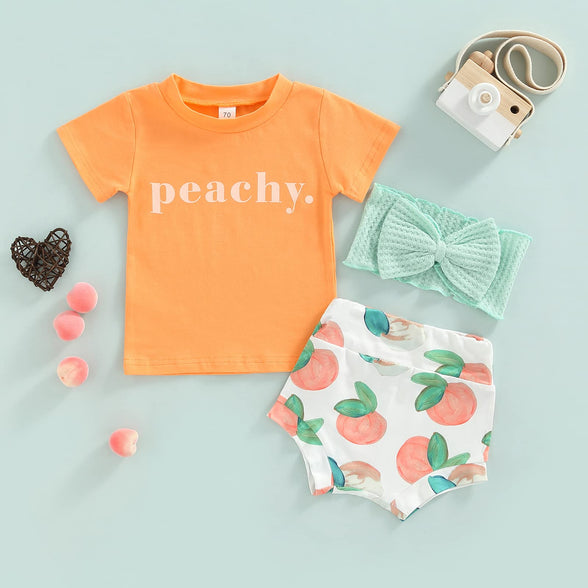 3Pcs Baby Girl Summer Clothes Set Letter Print Short Sleeve T Shirt Top Floral Shorts Headband Outfit(3-6 M)