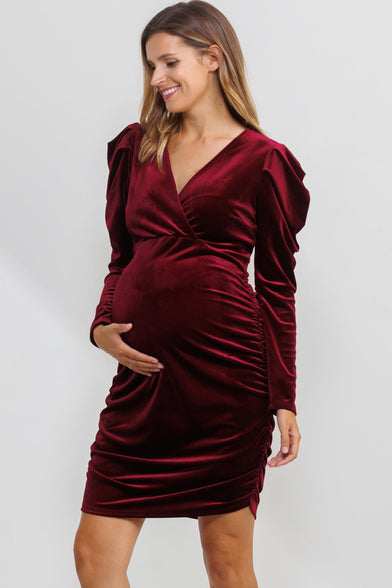 LaClef Womens V Neck Puff Sleeve Velvet Maternity Dress