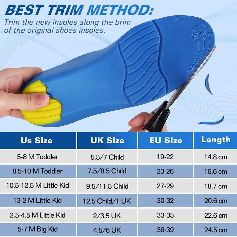 Bacophy Kids Orthotic Arch Support Shoe Insoles, Children Pu Cushioning Inserts, Shock Absorption Velvet Surfaces Deep Heel Cup Inner Sole for Flat Feet, Plantar Fasciitis, Feet Heel Pain Relief Blue
