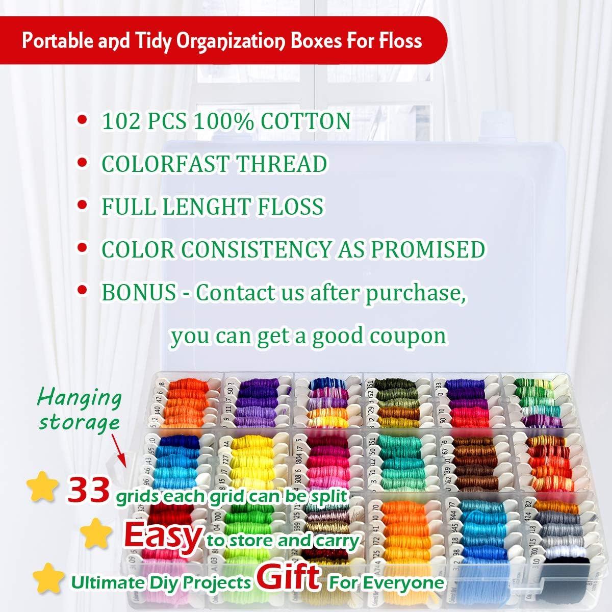 Embroidery Floss Cross Stitch Threads String Kits with Organizer Storage Box Included 108pcs Colorful Friendship Bracelets Floss with Number Stickers&Floss Bobbins &110 Pcs Cross Stitch Tool Kits