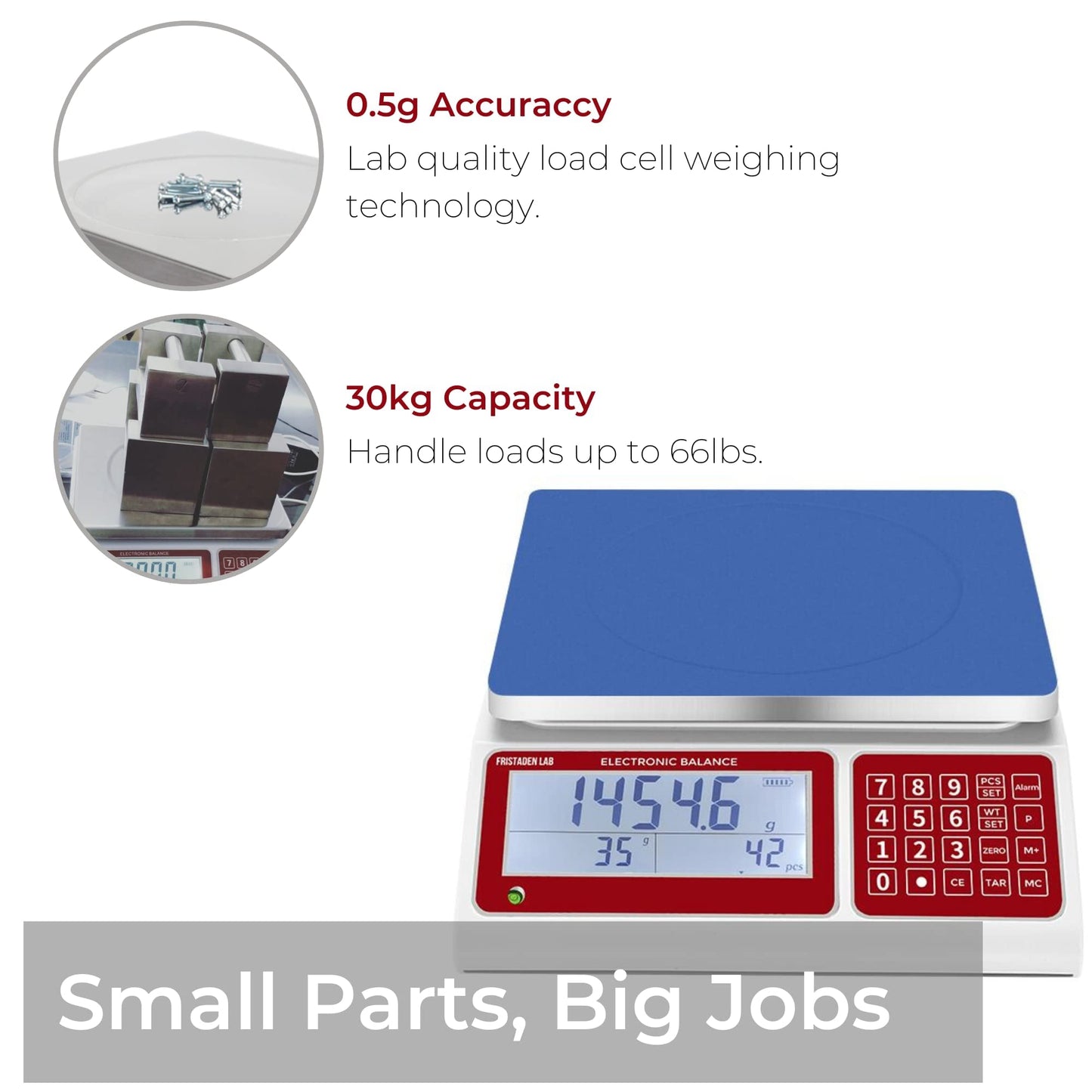 American Fristaden Lab Industrial Counting Scale, Digital Balance for Counting Parts and Coins, 30kg Capacity | 0.5g with Calibration Certificate/0.5g Accuracy, Electronic Scale with 1-Year Warranty