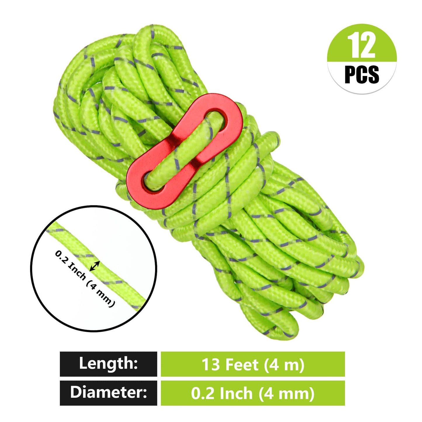 12 PCS Tent Guy Ropes, Reflective Green Tent Guide Rope Cord, 4M /13FT Tent Guy Ropes for Outdoor, Heavy Duty Camping Guy Lines, Guide Ropes for Camping, Gazebo, Awning & Tents