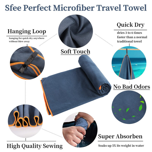 Sfee 2 Pack Microfiber Travel Towel, Quick Dry Towel Camping Towel Large Beach Towel Super Absorbent Compact Lightweight Sports Towel Gym Towel Set for Beach, Gym, Hiking, Pool, Backpacking,Bath,Yoga