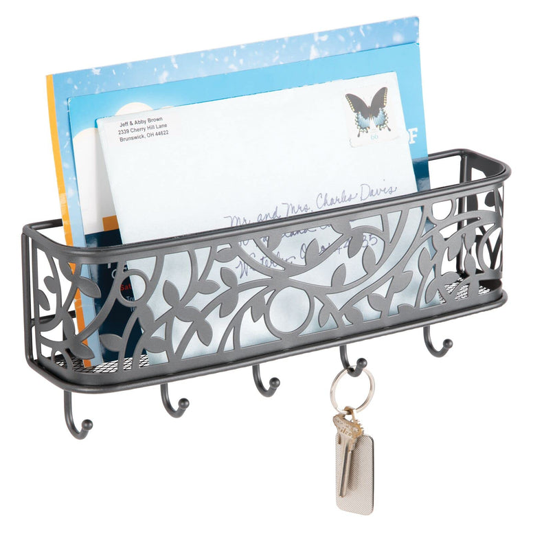 mDesign Modern Letter Holder – Metal Wall Mounted Letter Rack with Key Hooks – Post Sorter for the Entrance and Hallway – Graphite