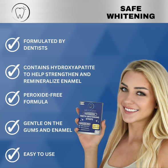 MILTODENT Professional Teeth Whitening Strips | Non-Sensitive | 20 Peroxide-Free Teeth Whitening Strips | Dentist Formulated | Enamel Safe | Pain-Free | Pap Formula | Mint, Coconut Flavour