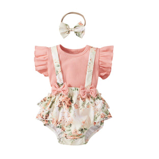 Newborn Baby Girls Summer Clothes Sets Ruffle Sleeve Top T-Shirt Floral Suspender Shorts Headband (0-3 Months)