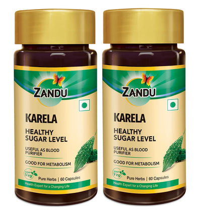 Zandu Karela Pure Herbs (Bitter Melon) for Healthy Sugar Levels and Improved Metabolism | 100% Natural & Authentic | Powerful Blood Purifier for Glowing Skin - 60 Veg capsules (Pack of 2)