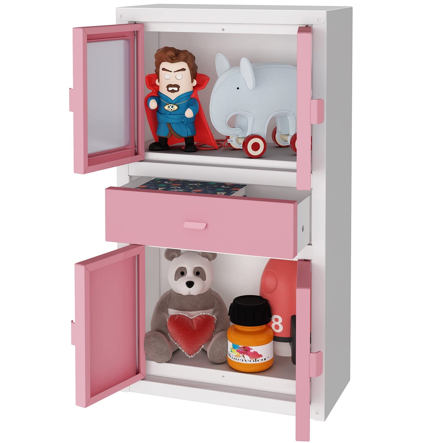 MIOCASA Mini Metal Locker Collectible Furniture Glass Door Display Cabinet for Classroom, School, Home, 14.25" Tall x 7.91" x 3.98" (Pink)