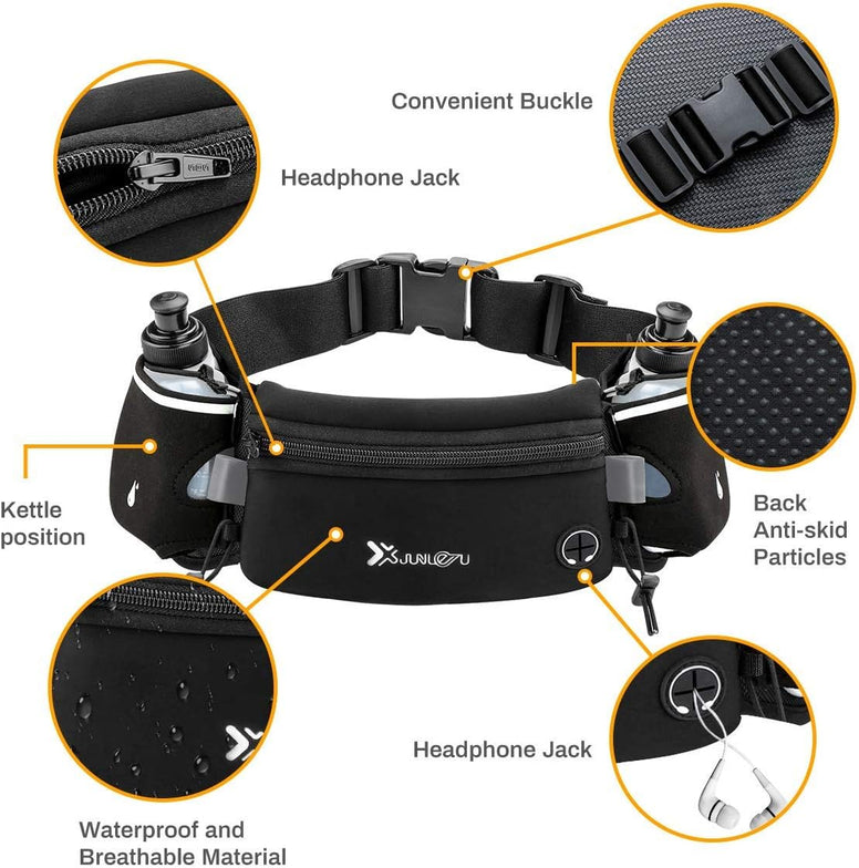 Number-one Running Belt with Water Bottles(2 x 175ML), Hydration Belt Waterproof Waist Pack Bag Fits iPhones Adjustable Sports Waist Pouch for Marathon Running Hiking Cycling, Black, M