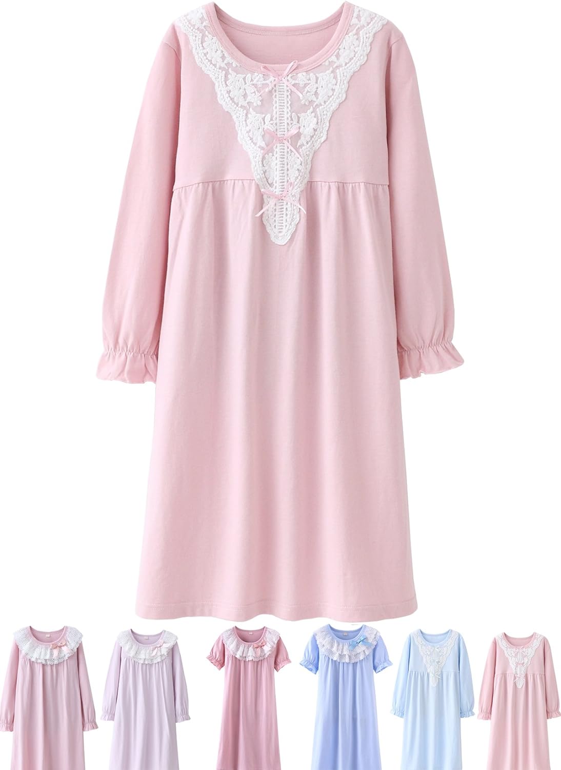 ABALACOCO Girls Kids Princess Lace Nightgown Long Sleeve Cotton Sleepwear Dress Pretty V-neck Loose Homewear