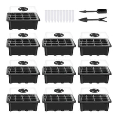 10 Set Seed Trays Seedling Starter Tray (12 Cells per Tray) with Adjustable Dome Lids and Base Plus Plant Tags Hand Tool Kit