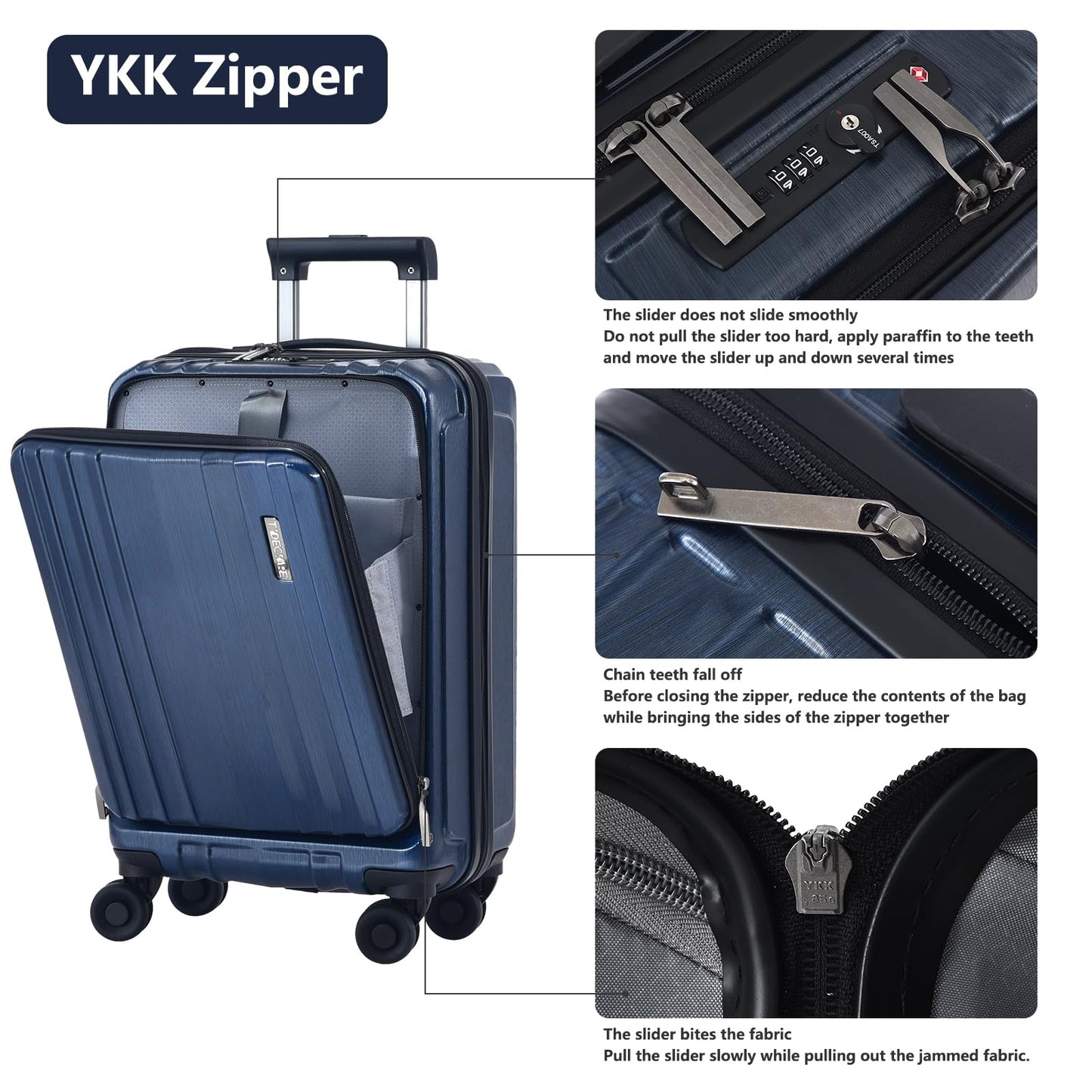 Carry On 55x35x23cm Cabin Luggage 20 Inch with Front Compartment, Lightweight ABS+PC Hardshell Suitcase with Dual Control TSA Lock, YKK Zipper, 4 Spinner Silent Wheels, Dark Blue