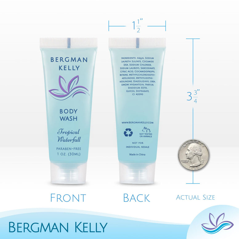 BERGMAN KELLY Travel Size Body Wash (1 fl oz, 100 PK, Tropical Waterfall), Delight Your Guests with an Invigorating and Refreshing Hotel Body Wash, Mini and Small Size Guest Hotel Toiletries in Bulk