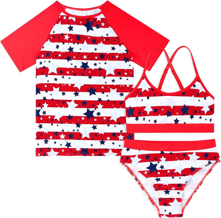 Vogseek Rash Guard Swimwear Girls 3-Piece Short Sleeve Swimsuit Kids Bathing Suit UPF 50+ Quick Dry Bikini Girls 7T-13T