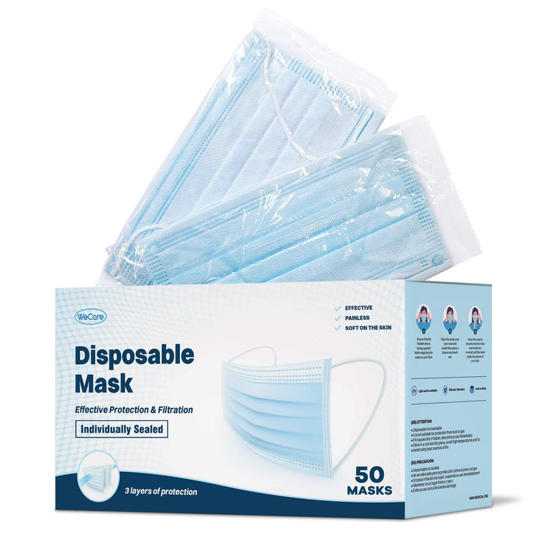 WeCare Disposable Face Mask Individually Wrapped - 50 Pack, Printed Masks - 3 Ply