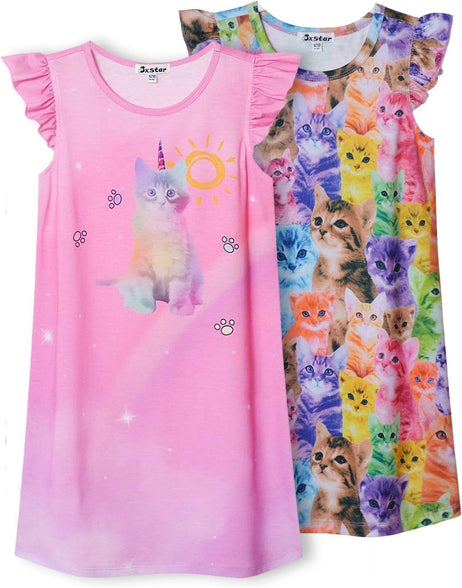 Jxstar 2-Pack Nightgown for Girls Flutter Sleeve Pajamas Cotton Night Dresse