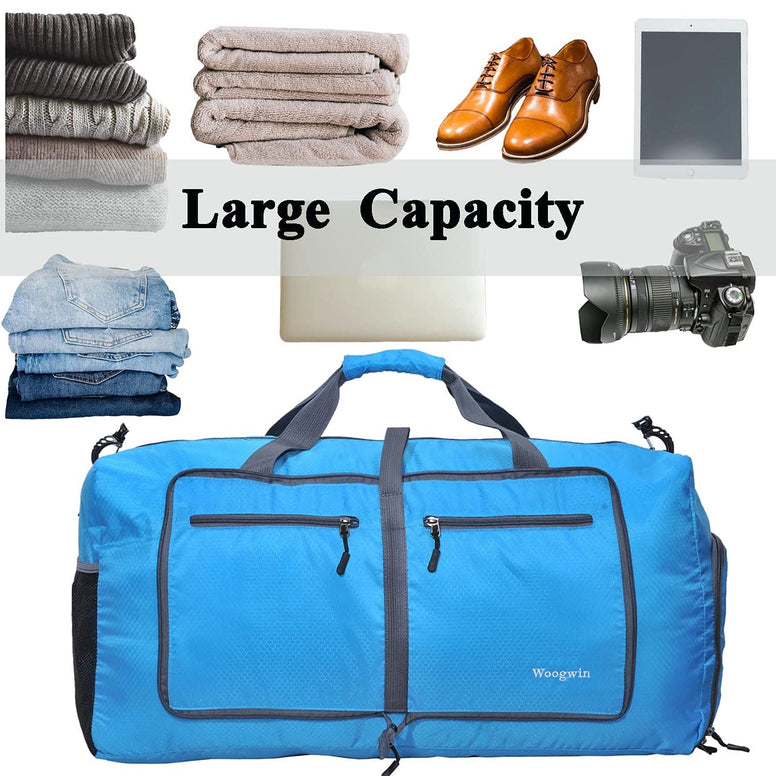 ehsbuy 60L Foldable Travel Duffle Bags for Men Women Large Holdall Bag Waterproof Overnight Weekend Bags for Gym Luggage, Blue, 60L