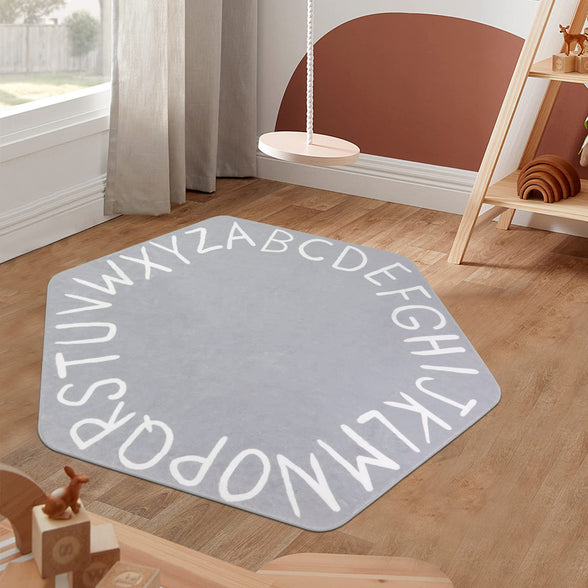 STARUIA Hexagon ABC Kids Rug Play Carpet 55’’x47’’,Grey Washable Nursery Rug for Children Tent Castle,Non-Slip Alphabet Educational Rug Ultra Soft Play Mat for Bedroom Playpen