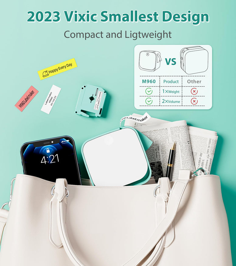 Vixic M960 Label Maker - Bluetooth Mini Label Maker Machine with Tape, Portable Handheld Label Printer,Easy to Use Smartphone Labeler for Home School Small Business Office Organization, Rechargeable