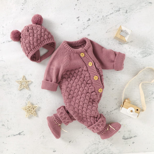 Newborn Baby Boy Girl Winter Clothes Knitted Sweater Romper Crewneck Solid Color Jumpsuit Hat Infant Fall Outfit