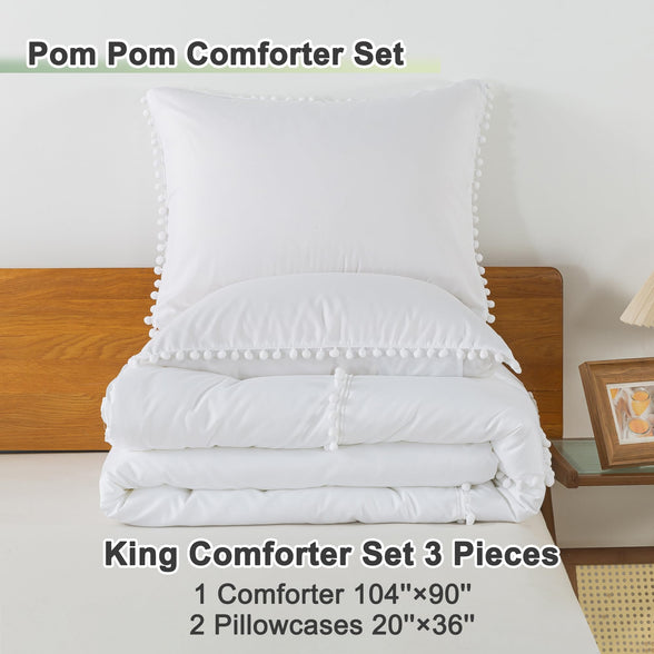 Andency White King Size Comforter Set, 3 Pieces Soft Lightweight Pom Pom Bed Comforter Sets, Aesthetic Boho Microfiber Down Alternative Bedding Comforter Set for Women Men