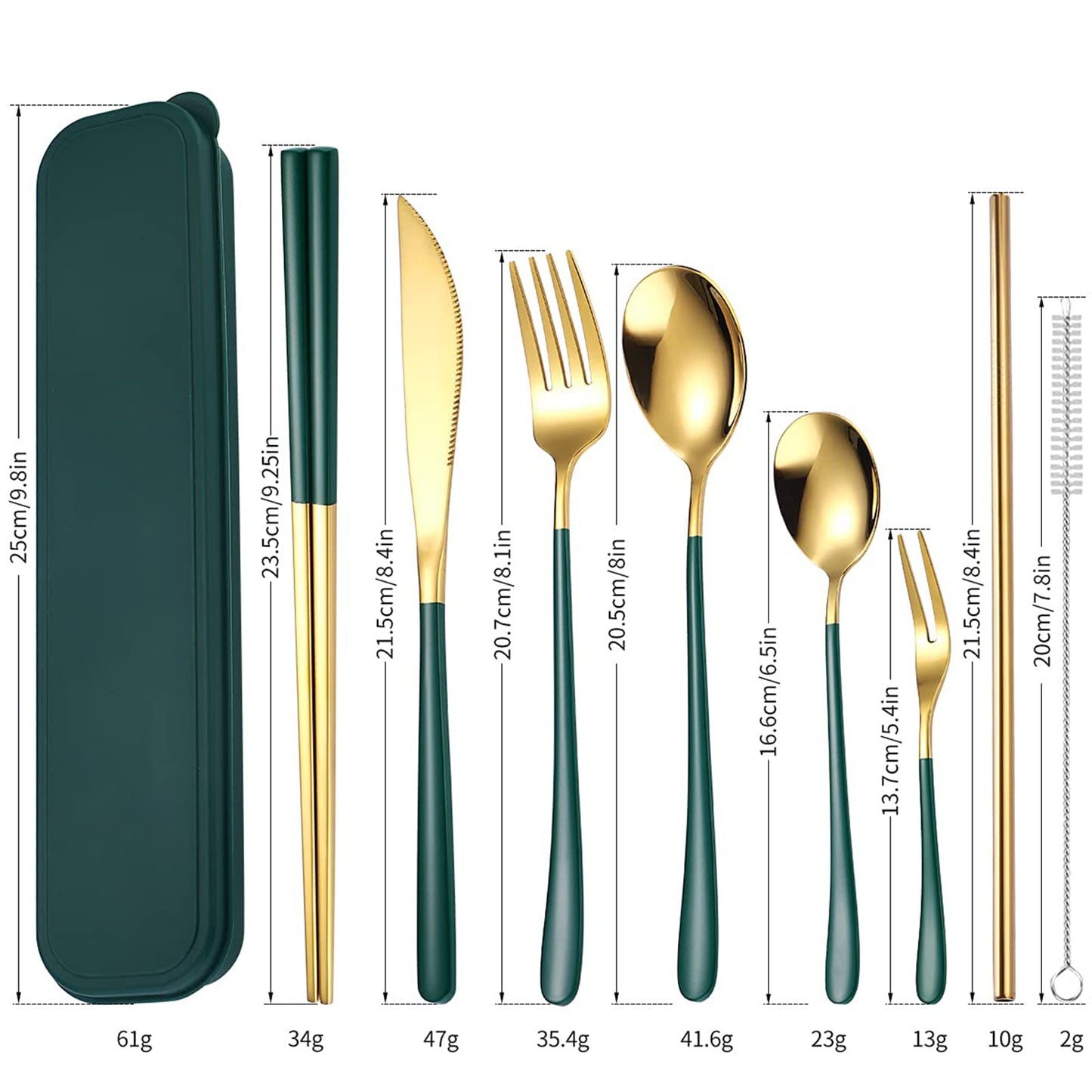 Portable Reusable Cutlery Set, Travel Utensils Set with Case, Stainless Steel Flatware Set Including Knife Fork Spoon Chopsticks Straws Brush, Dishwasher Safe (Green golden)