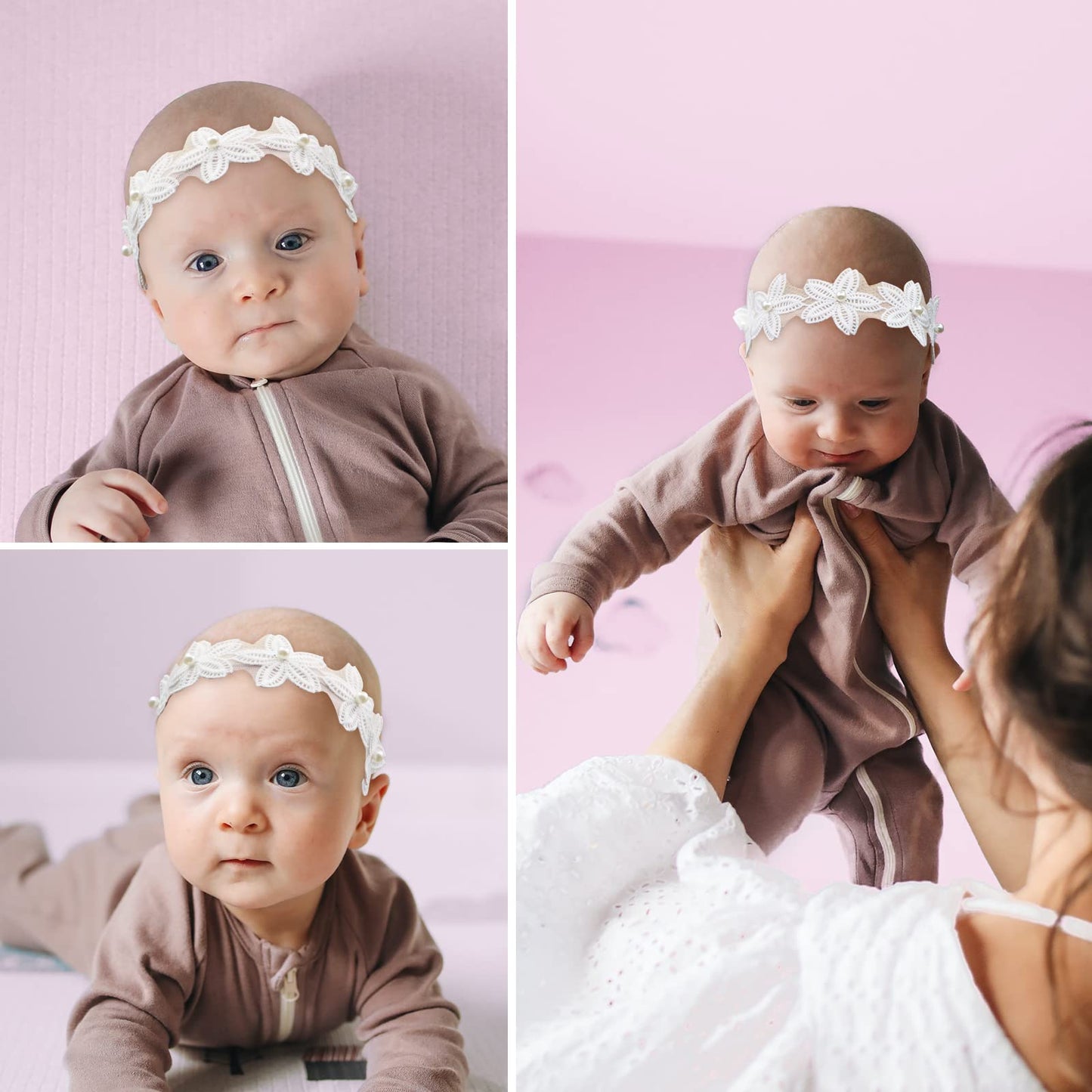 4 Pcs Baby Headbands, Baby Flower Headband, White Baby Girl Headbands, Lace Pearl Ribbon Toddler Headbands, Soft Flower Hair Accessories, Elastic Baby Bows, Headbands for Babies (White)