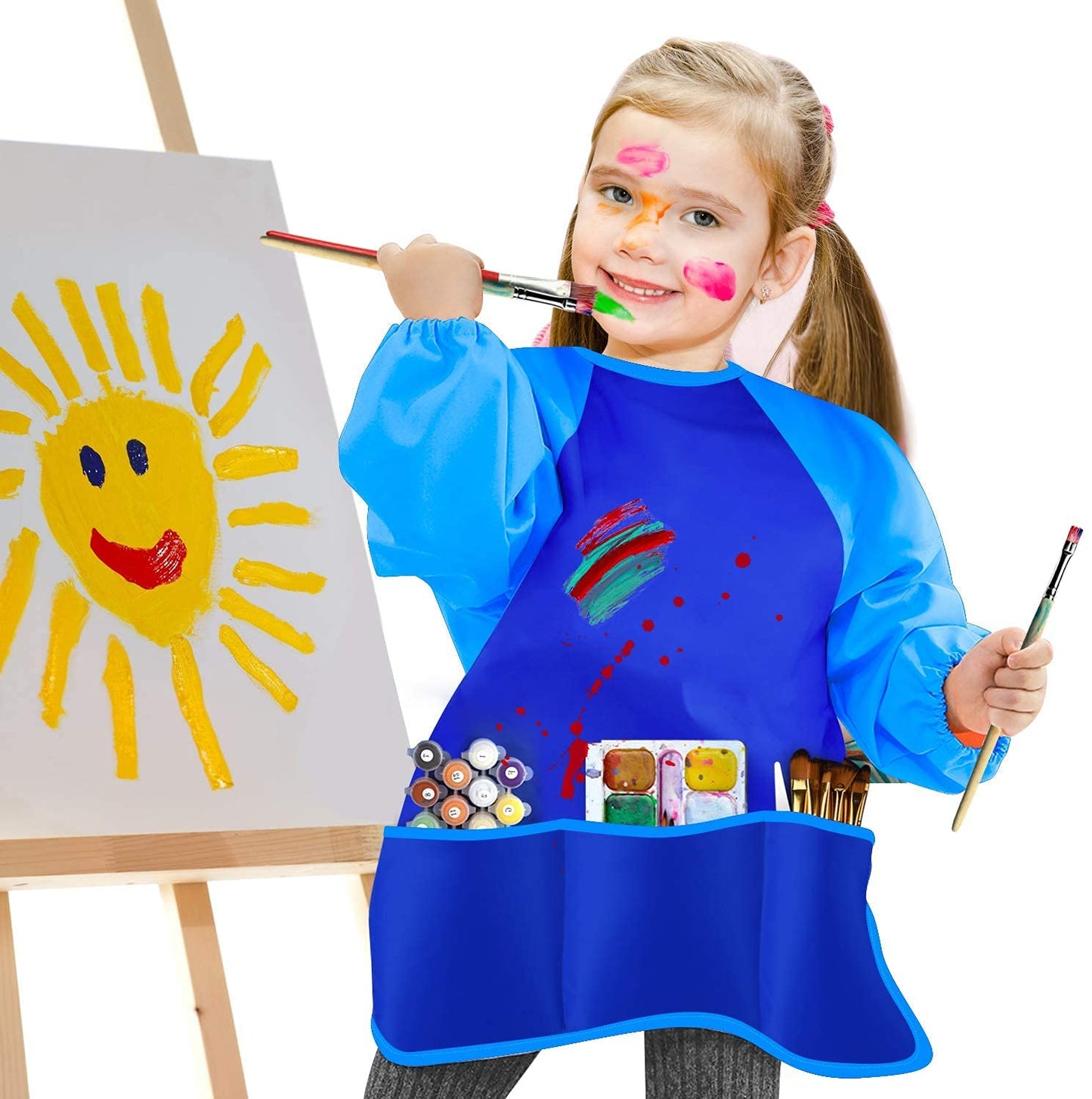 Children's Art Workwear Toddler Workwear Waterproof Artist Painting Apron Long Sleeve Top Children's Painted Apron Waterproof Artist Top Long Sleeve 3 Pockets Suitable for children aged 2-8(Blue-M)